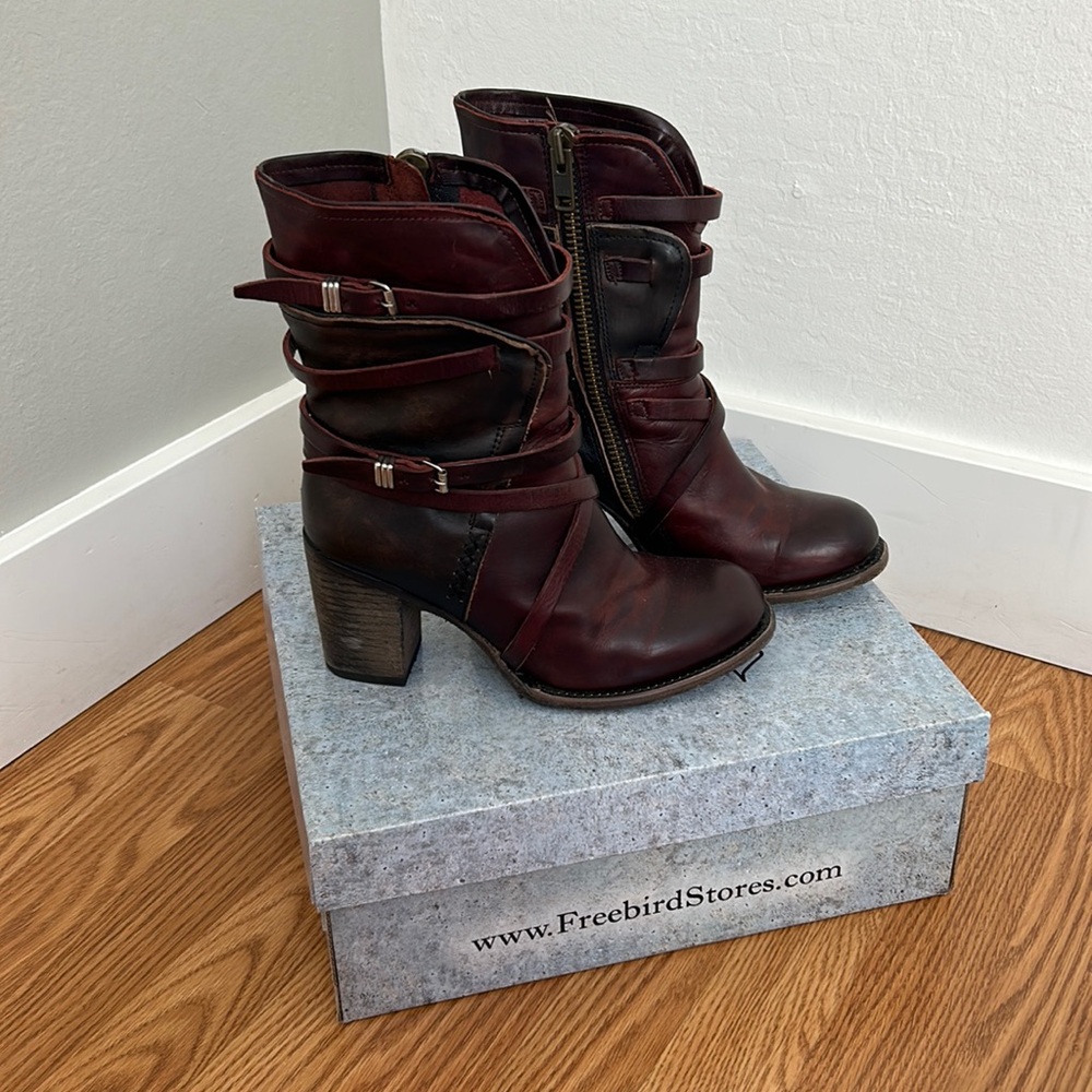Freebird by Steven Burgundy Leather Strappy Ankle Boots